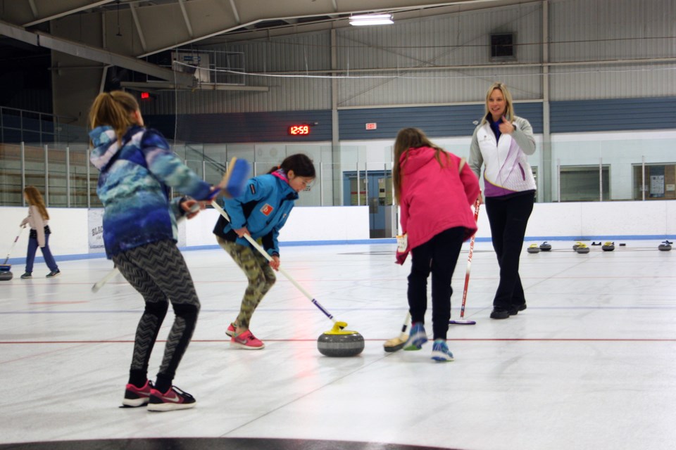 Grade 5 students from Beaver Valley Community School learned the basics of curling at the Thornbury Arena thanks to volunteer coaches working with Blue Mountain Curling Centre. Erika Engel/Collingwood Today