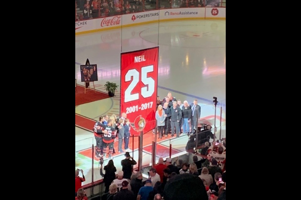 Chris Neil's jersey was retired Friday at the Canadian Tire Centre in Ottawa.
