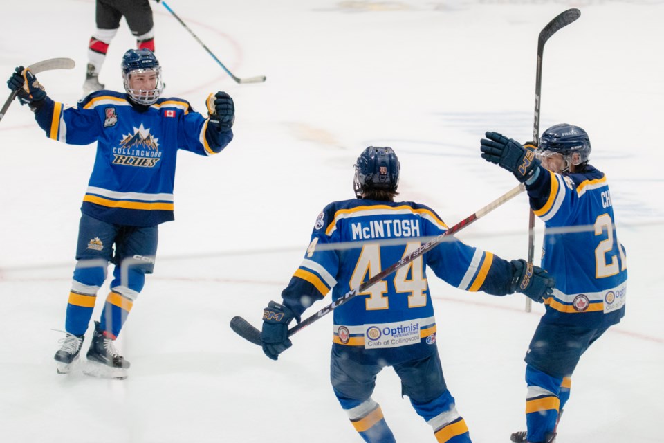 The Collingwood Blues celebrate their 9-3 win over the Mississauga Chargers on Friday.