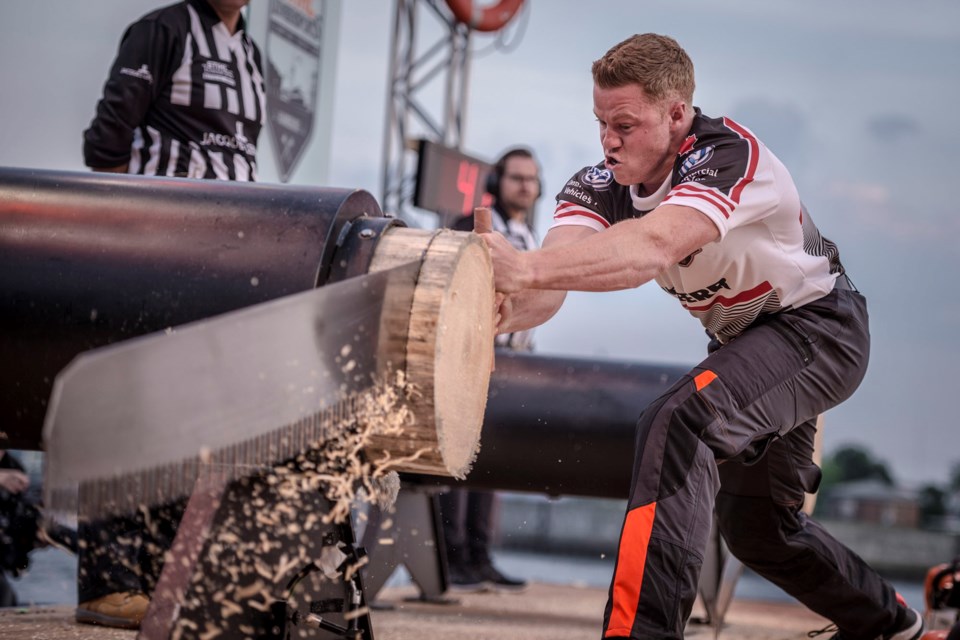 Stirling Hart of Canada competes in the single buck discipline during the Stihl Timbersports Champions Trophy at the Hamburg Cruise Center Altona in Hamburg, Germany on May 20, 2017. Contributed photo