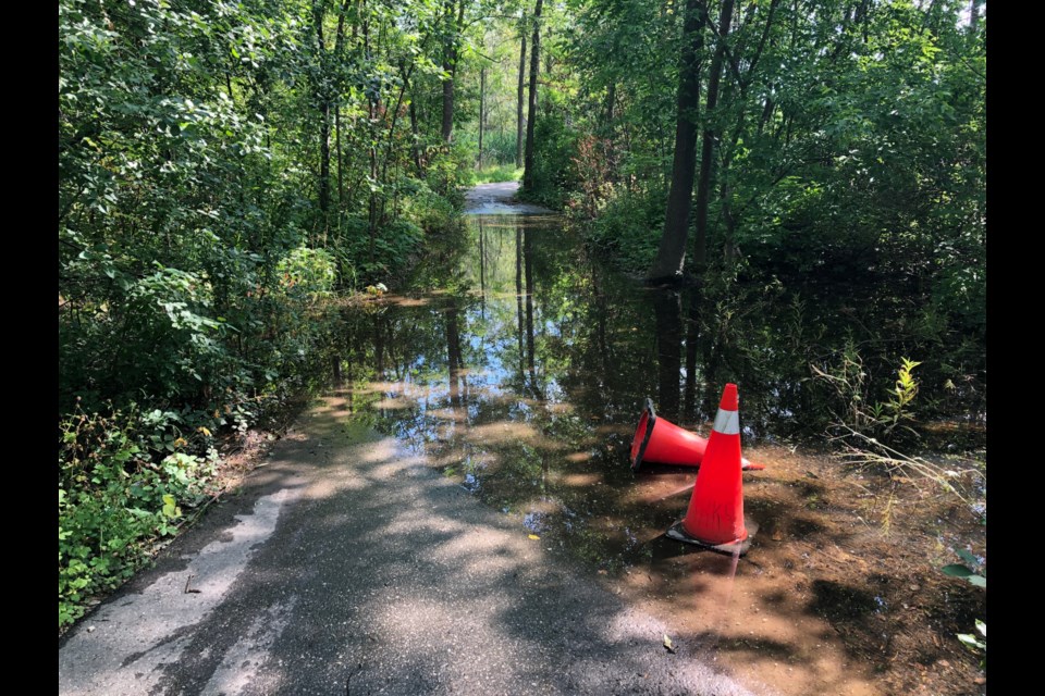 A paved portion of the Sunset Point Trail is also underwater as a nearby creek has overflown onto the trail. Erika Engel/CollingwoodToday