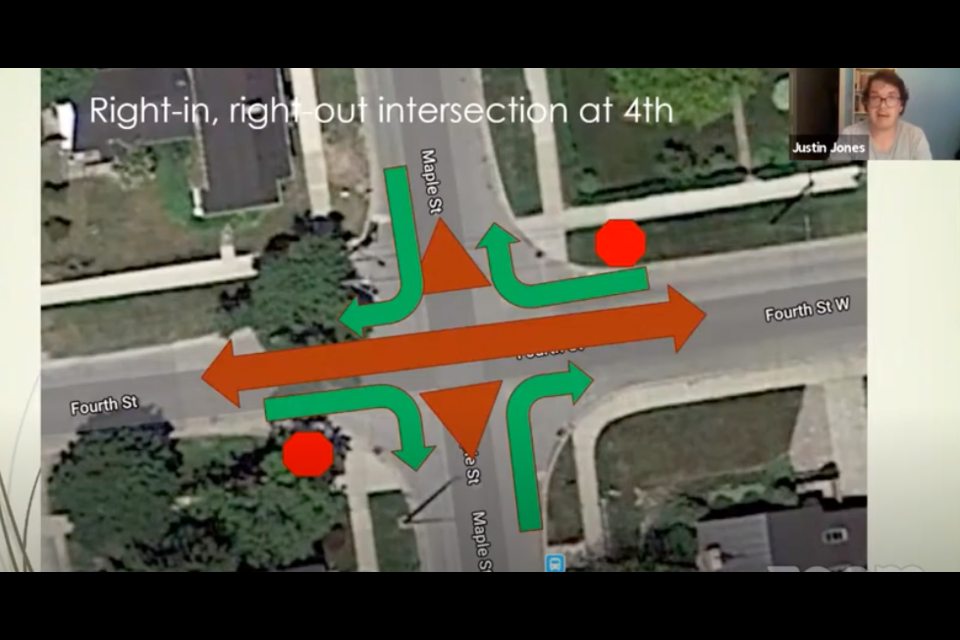 The Maple Street pilot project proposes two triangle barricades at the Fourth and Fifth Street intersections with Maple Street to encourage right turns only for entry and exit onto Maple Street. Screenshot