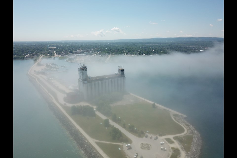 This drone photo shows the lake-effect fog covering the shoreline and moving inland today (June 28) in Collingwood. Stuart Snelgrove photo. 