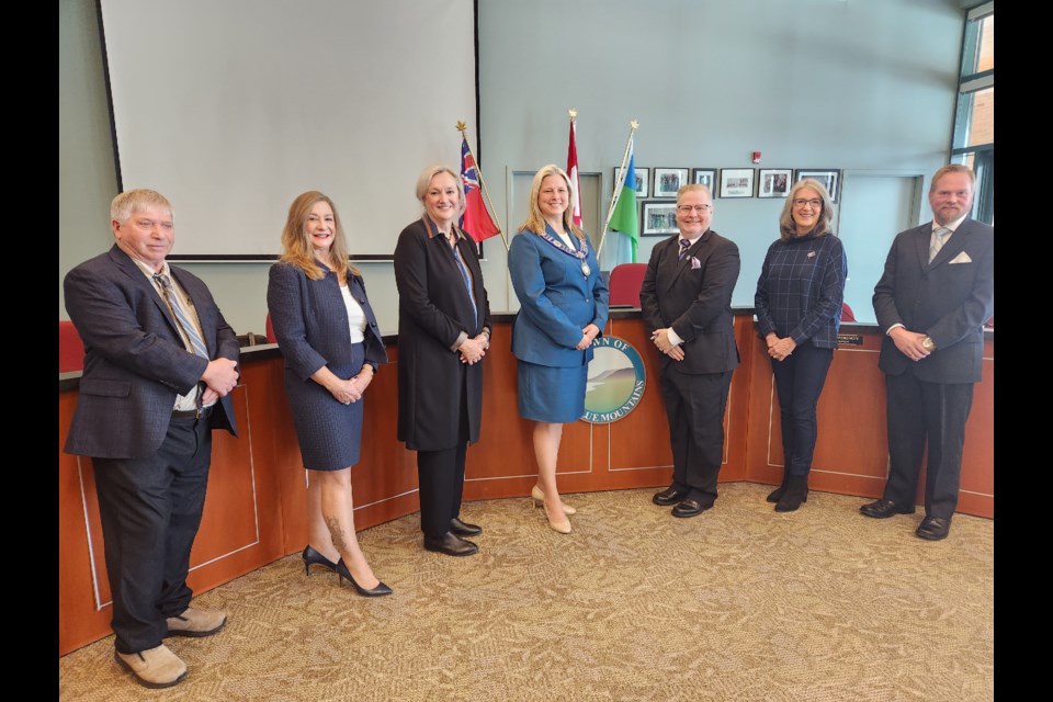 The new council for the Town of The Blue Mountains. From left: coun. Alex Maxwell, coun. Gail Ardiel, coun. Paula Hope, Mayor Andrea Matrosovs, Deputy Mayor Peter Bordignon, coun. June Porter and coun. Shawn McKinlay.