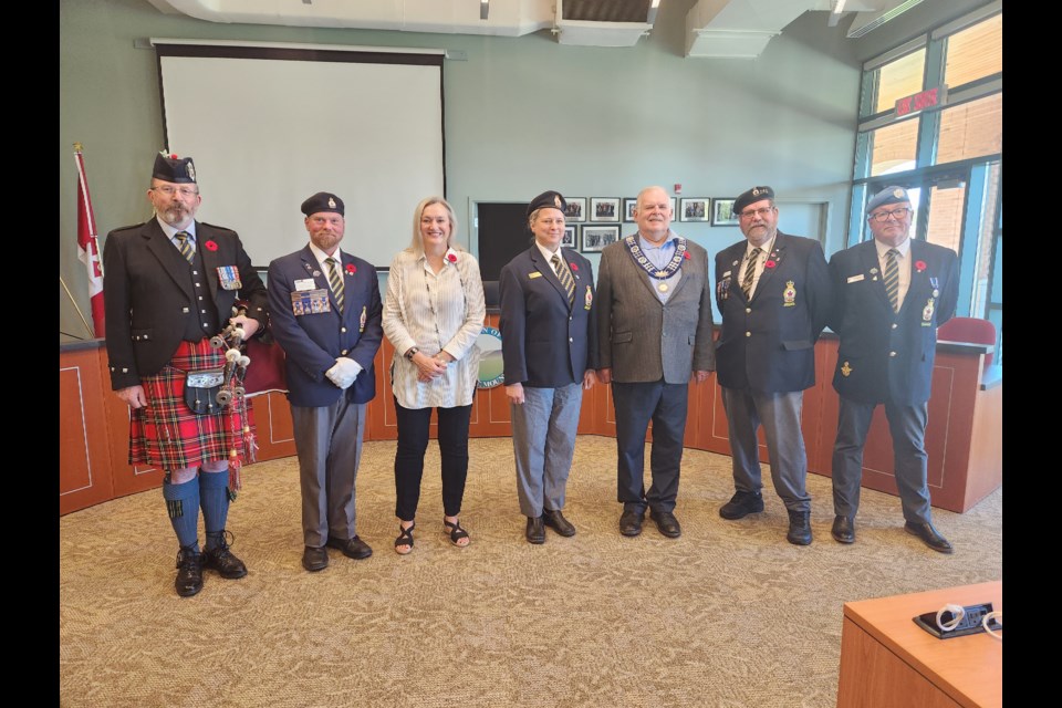 Royal Canadian Legion Branch 281 Beaver Valley started the 2022 national poppy campaign with a special ceremony at The Blue Mountains council chambers. From left: Eobhann Bruce, Shawn McKinlay, coun. Paula Hope, mayor-elect Andrea Matrosocvs, Mayor Alar Soever, Branch 281 President Joe Macdonald and local poppy campaign chair Steve Gorton.