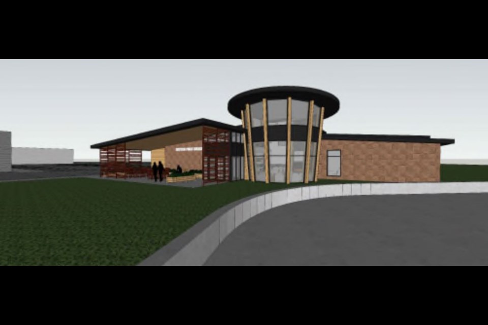 The concept design for the new Chetwynd Public Library, as if viewed from the local skate park .