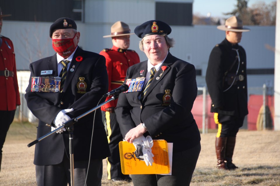 Peace River Zone Commander Barry Young and Legion Branch President Elizabeth Hunt address those in attendance and watching online during the Dawson Creek Remembrance Day Ceremony, November 11, 2021. 