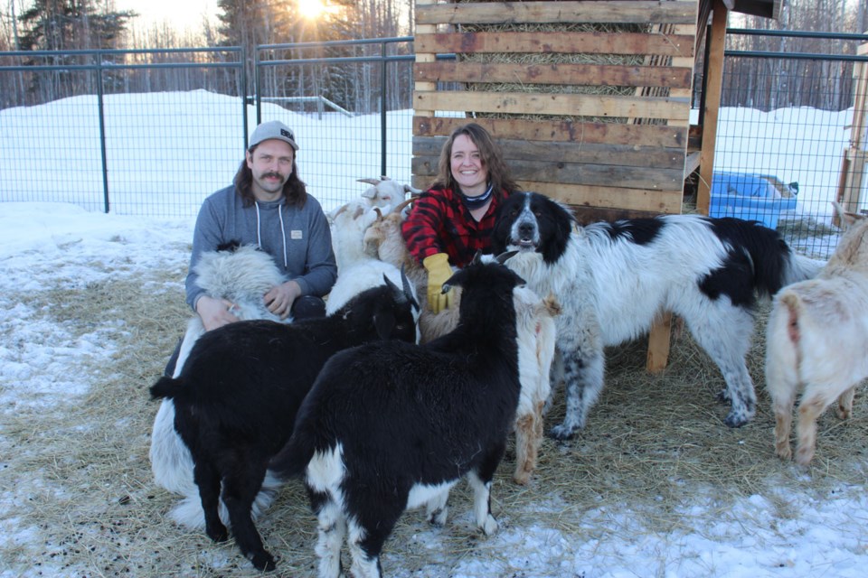 Justin and Caylee Tietjen with their family dog Max, and the starting herd of Kiko goats at their Groundbirch home.  