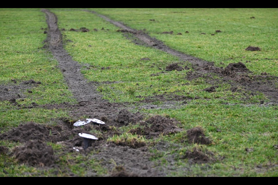 The Brandrith Park soccer field was not only vandalized yet again by a vehicle in the early hours of Friday morning but the field boundary markings were dug out and left in the tire tracks at centre field.