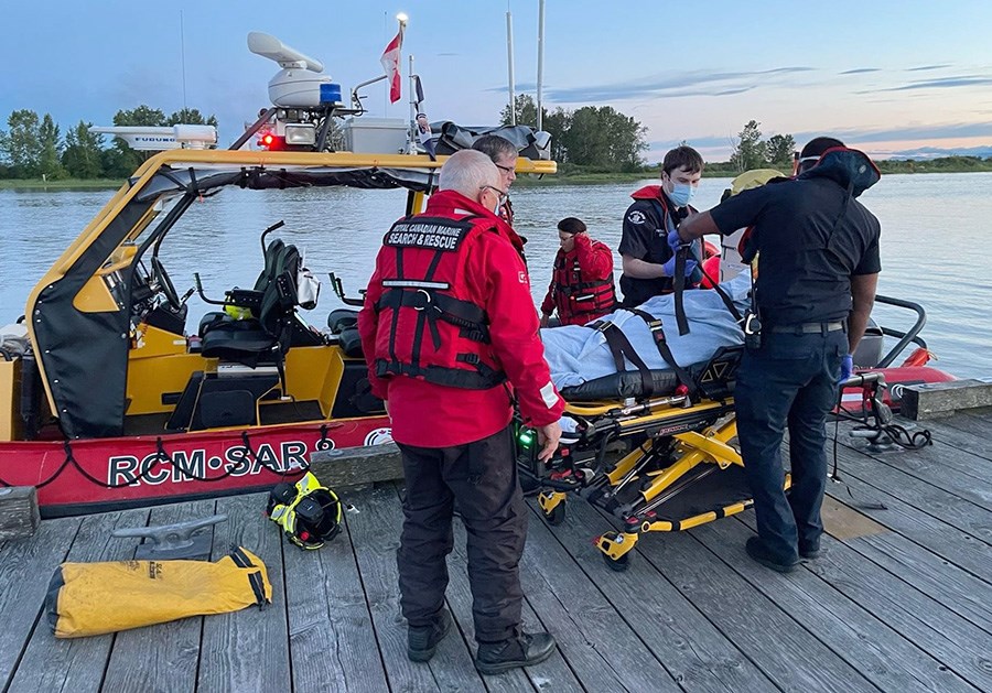 RCMSAR Station 8 Delta rescued the boater from the Fraser River and brought him to Steveston Harbour where he was transferred to hospital.