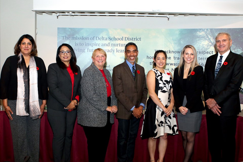 The new Delta school board was sworn-in at the board's inaugural meeting Tuesday night in Ladner. Pictured left to right; Ammen Dhillon, Nimmi Daula, Val Windsor, Joe Muego, Masako Gooch, Erica Beard and Nick Kanakos.