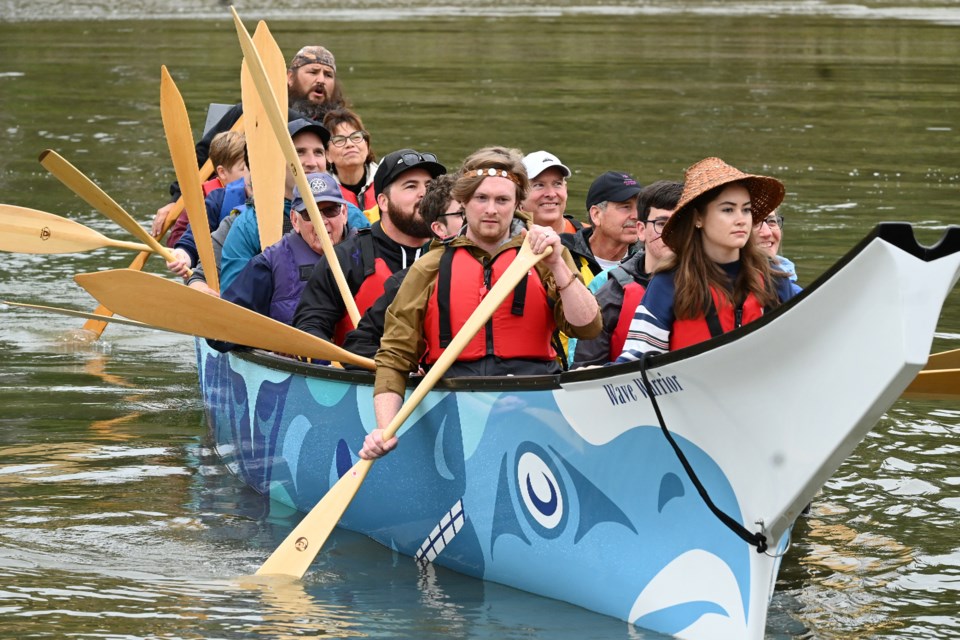 Led by the direction of Indigenous Cultural Mentor Nathan Wilson (back), Delta School District's Journey Canoe completes its first-ever leg by arriving in Ladner Harbour from Wellington Point on Sept. 23.