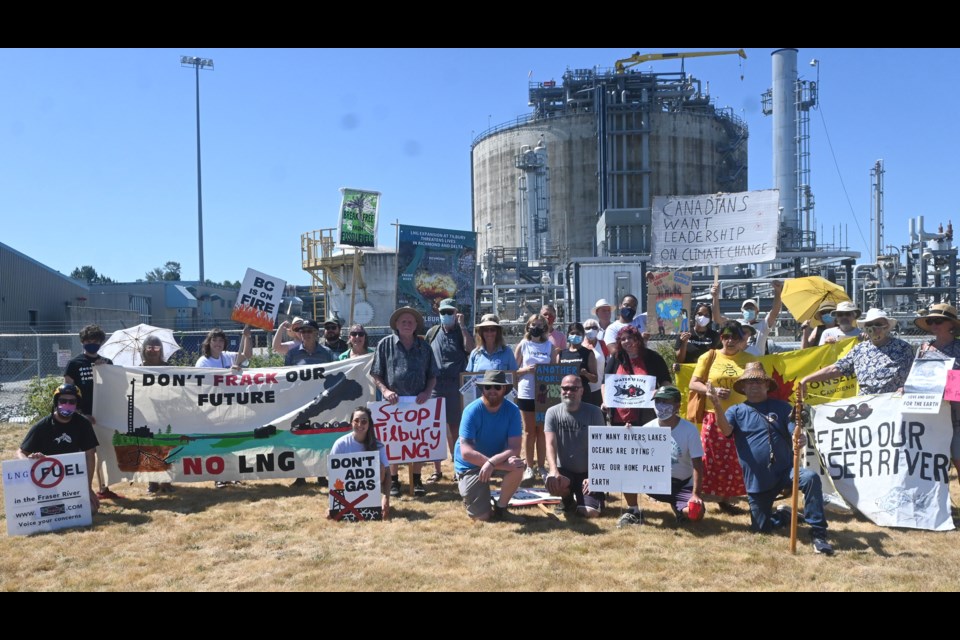 Several environmental groups gathered outside of the FortisBC LNG plant in Delta on Friday to protest a proposed Tilbury Marine Jetty Project