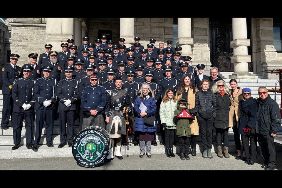 The Delta Fire Department contingent and Thomas Haydon's family at Monday's the Sixth Biennial B.C. Fallen Firefighters’ Memorial service in Victoria