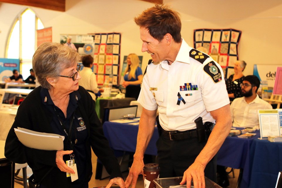 Delta Police volunteer Mary-Lynn G’froerer speaks with Delta Police Chief Neil Dubord at the Healthy Aging Resource & Information Fair Saturday, May 13 at Ladner United Church. The Fair was hosted by the Delta Division of Family Practice, in colaboration with Ladner United Church, Delta Police, Fraser Health and the City of Delta.