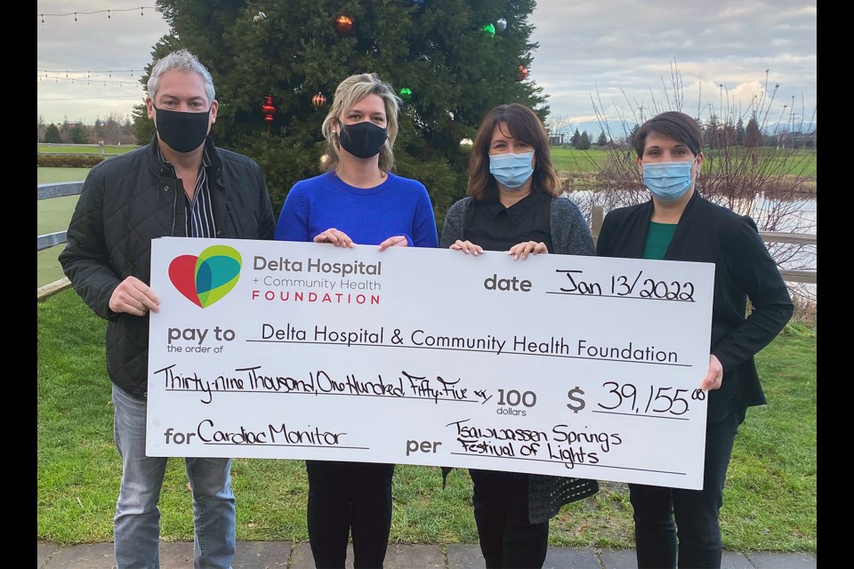 This year’s Tsawwassen Springs’ Festival of Lights raised a record $39,155 that will go towards the purchase of two new Cardiac Monitors for the Emergency Department at Delta Hospital. The photo includes (left to right): Lawrence Green, DHCHF Board Member; Jill Presley, Marketing & Business Development Coordinator, Tsawwassen Springs; Shari Barr, Annual Giving Manager, DHCHF; and Lisa Hoglund, Executive Director, DHCHF.