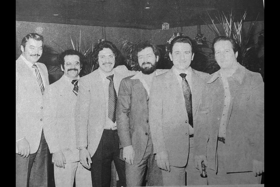 On hand for the 1980 opening of the 12th Dino’s Place in the Lower Mainland were (left to right) principle owner Peter Palivos, Ladner partners Van Kollias, Steve Palivos and John Shourounis, principle owner Mel Botis and Ladner partner Gerry Perreault. The Ladner Trunk Road location opened on Feb. 17 that year.