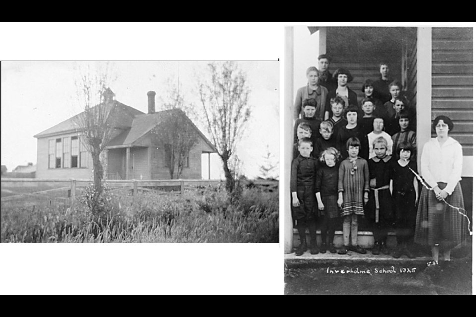 The Inverholme Schoolhouse in 1910 (left) and a 1925 photo of Ms. Jean McDiarmid’s class at the school (right).