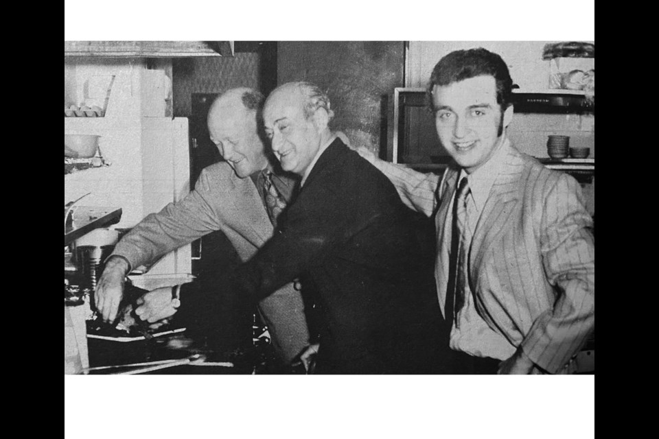 Wilmer Cox, Syd Roitman and Barry Roitman inspect the hotel kitchen in 1971.