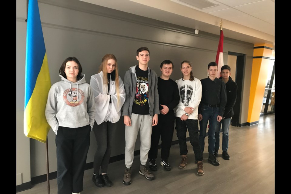 South Delta Secondary Ukraine students Anastasia, Margarita, Yuri, Viktor, Timur, Ihnat and Kostia have created buttons for the school to bring awareness to the war in their country.