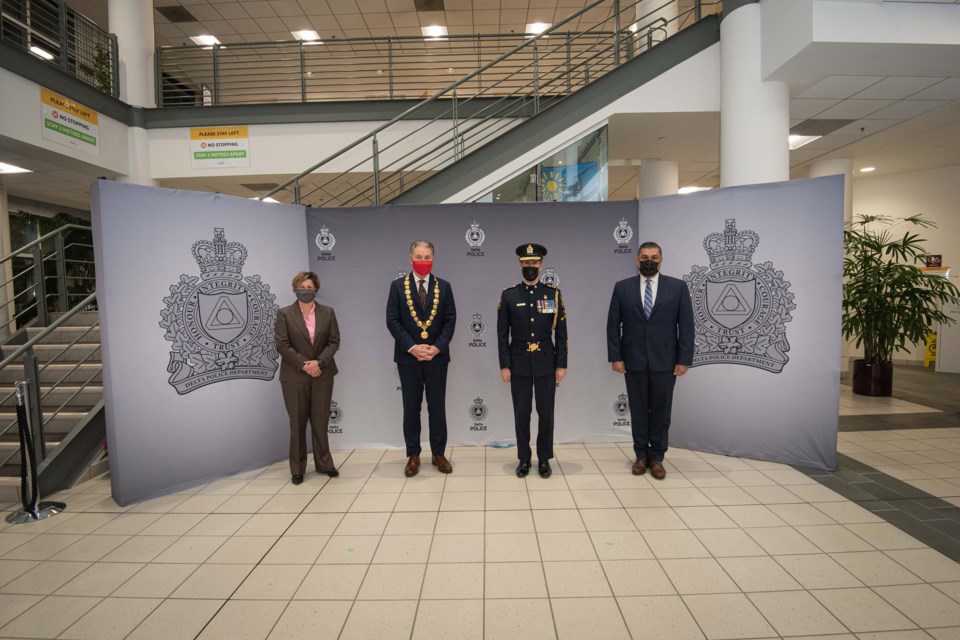 Pictured left to right; Deputy Chief Michelle Davey, Mayor George Harvie, Chief Neil Dubord and Deputy Chief Harj Sidhu stand outside council chambers at City Hall in Ladner following the swearing-in ceremony.