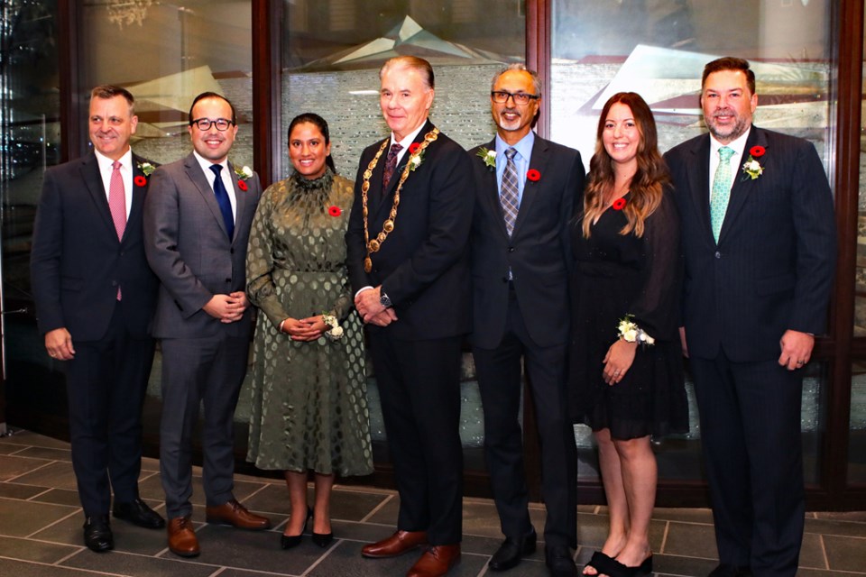 Delta's new council pictured from left to right; Rod Binder, Dylan Kruger, Jennifer Johal, Mayor George Harvie, Jessie Dosanjh, Alicia Guichon and Daniel Boisvert.