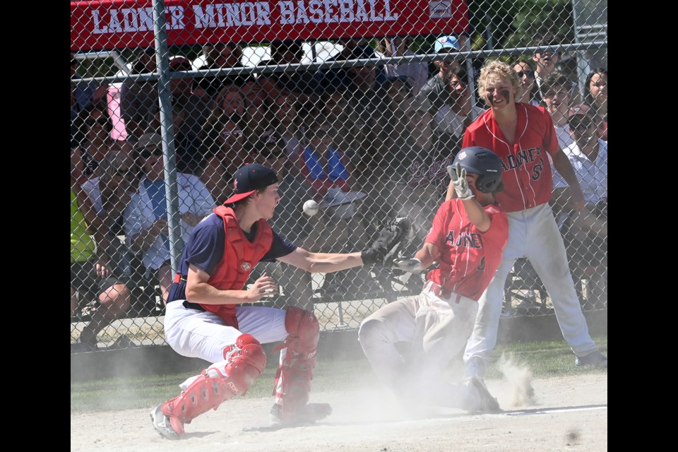 Ladner scored a pair of runs in the fourth to briefly tie the the 18U AA provincial final before the Vancouver Mounties went on to a 6-3 victory on Sunday at Cromie Park. 