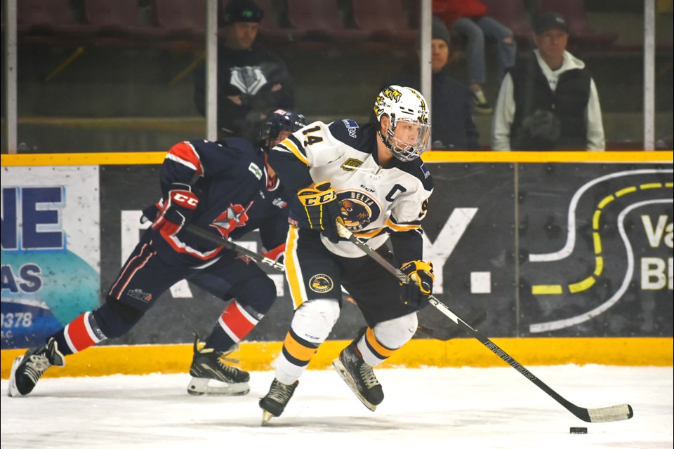 Delta Ice Hawks' captain Alec Scouras in Sunday's bronze medal game against Oceanside at the Cyclone Taylor Cup in Revelstoke. It was the the South Delta native's final game of his junior career.