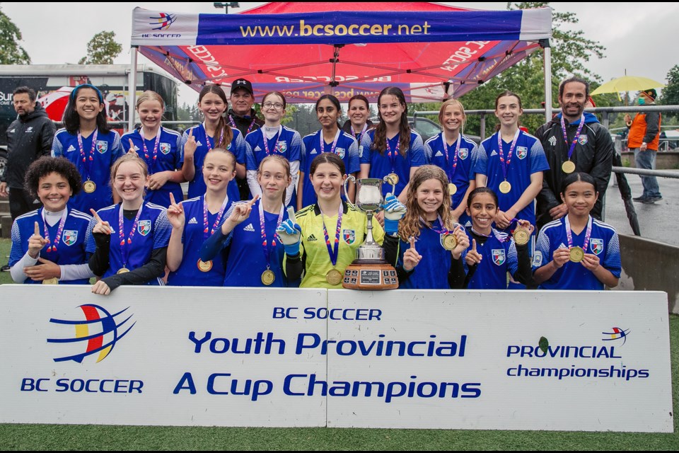 The U13 Provincial “A” Cup champions Delta Coastal Selects include: Back row (L to R): Estelle White, Maddie Shepherd, Kate Black, Sean Semple (coach), Megan Semple, Kianna Nager, Angela Crowther (manager), Isla Bowie, Fallon Meyer, Leah Venier, Tavis Bowie (coach). Front row (L to R): Brooklyn Brandon, Christine Day, Lauryn Yee, Charlotte Wood, Savannah Grant, Mallory Crowther, Reet Thiara, Althea Leyba.