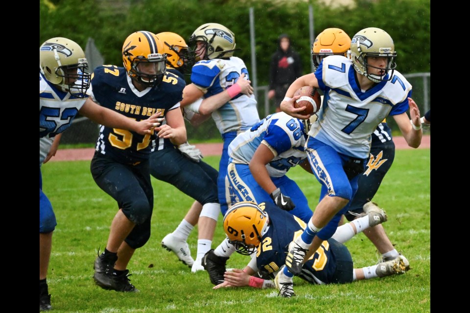 Seaquam quarterback Jack MacQuarrie led the junior varsity team to a 40-24 win over South Delta on Thursday and also started for the senior team on Friday night.