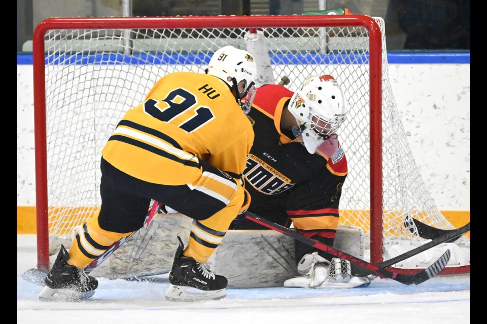 Payton Hu was stopped on the doorstep during the Delta Ice Hawks' 10-5 win over the Ridge Meadows Flames on Tuesday in Ladner. Delta has scored 46 goals in their last four games. 