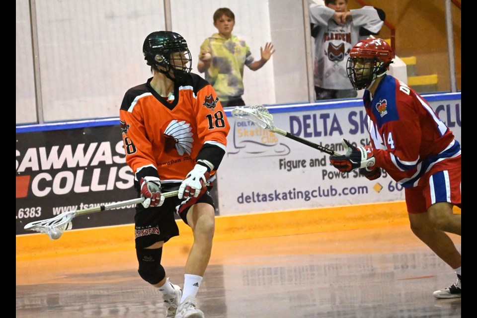 Silas Richmond takes aim for one of his two goals in the junior "A" Islanders 8-7 win over New West in the club's inaugural Indigenous Peoples Game on Wednesday night in Ladner. 