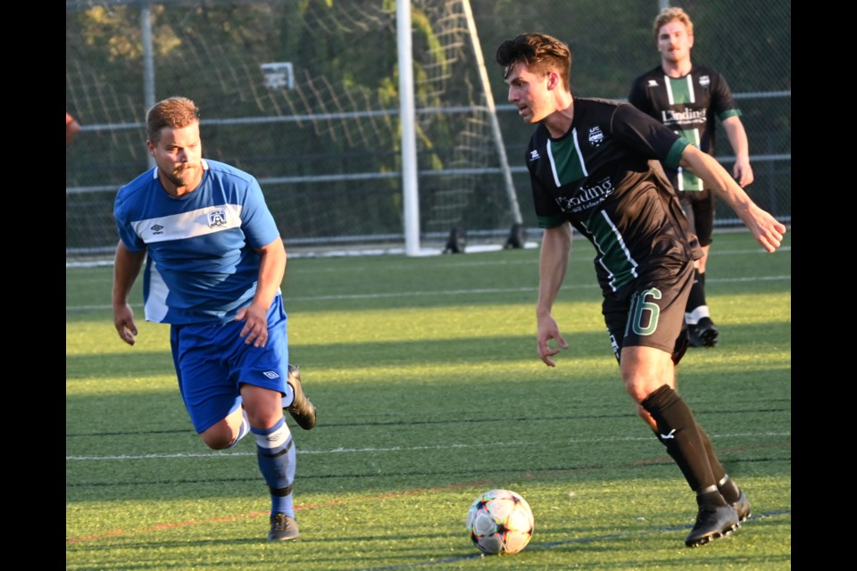 Ladner F.C.'s Levi Shevernoha heads up field in a 3-2 win over Coastal F.C. in Fraser Valley Soccer League Division 2 action on Sept. 24 at Dugald Morrison Park.