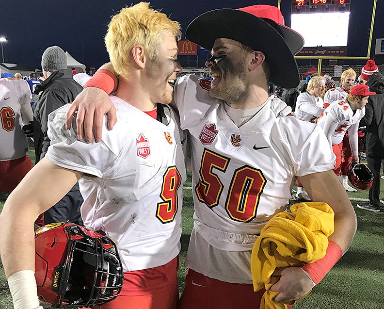 Grant McDonald (left) and Charlie Moore celebrate the Calgary Dinos Vanier Cup win in 2019. The SDSS grads and lifelong teammates were selected by the Edmonton Eskimos and Calgary Stampeders respectively in Tuesday's CFL Draft.