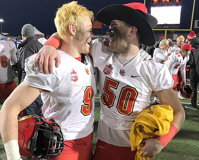 Grant McDonald (left) and Charlie Moore celebrate the Calgary Dinos Vanier Cup win in 2019. The SDSS grads and lifelong teammates were selected by the Edmonton Eskimos and Calgary Stampeders respectively in Tuesday's CFL Draft.