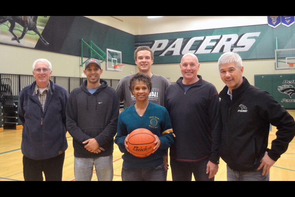 Neil Murray (far left) with other Delta Pacer Alumni Basketball Tournament organizers Navi Sekhon, Trey Melton, Marlene Charles , Dean Bauck and Terry Ainge prior to the 25th anniversary tournament back in 2014. DSS alumni have launched a Neil Murray Scholarship.