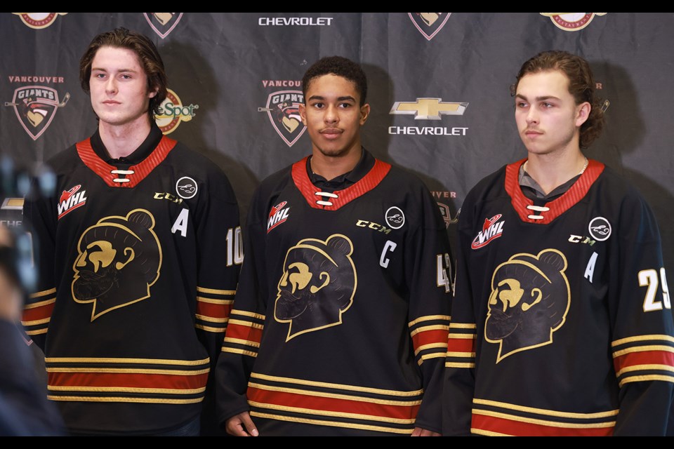 The Vancouver Giants leadership group of (left to right) Zack Ostapchuk, Justin Sourdif and Tanner Brown unveiled the Western Hockey Club's alternate jerseys on Wednesday at Tsawwassen Springs that include a patch to honour Elizabeth Toigo. 