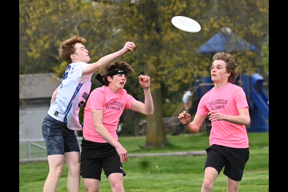 Delta Pacers' Tyler Jones (left) and Davis Granum in last Friday's 8-7 win over Seaquam in Surrey/Delta Ultimate Tier One League play.