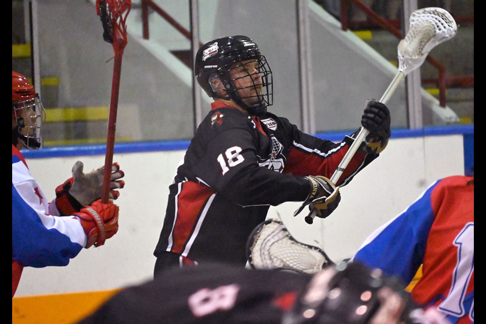 Playing for his dad's longtime team, Logan Schuss in action for his hometown Ladner Pioneers last week. 