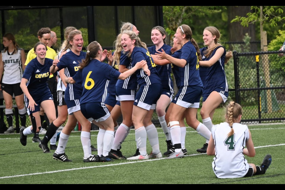 South Delta Sun Devils celebrate the final whistle in their thrilling 2-1 semi-final win over Argyle at the B.C. AAA Girls Soccer Championships in Cloverdale on Thursday. South Delta will play Steveston's McMath in Friday's title game. 