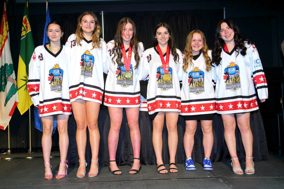 An outstanding performance on U16 Team B.C. at the recent Canadian Ringette Championships in Regina earned Delta's Nerissa Beeby (second from left) a spot on the tournament's First-All-Star Line as a defender. Andre Vandal/Ringette Canada Photo