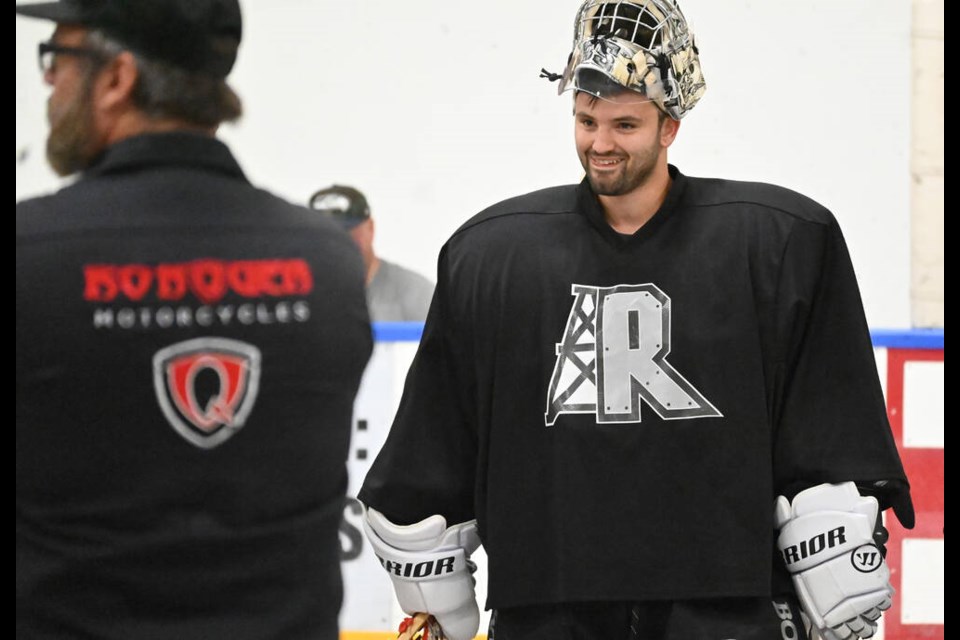 Calgary Roughnecks star and Coquitlam native Christian Del Bianco at the Ladner Pioneers practice on Tuesday night. The National Lacrosse League MVP will make his season debut this weekend. Mark Booth Photo