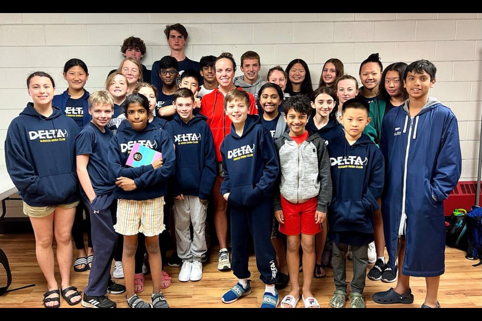 Two-time Olympian Kierra Smith welcomed athletes from the Sungod and Winskill Dolphin swim clubs for a training and information session at the Sungod Aquatic Centre on May 22. Submitted Photo