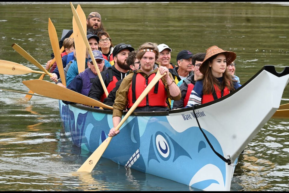 Mark Booth Photo Led by the direction of Indigenous Cultural Mentor Nathan Wilson (back), Delta School Districts Wave Warrior canoe made its maiden voyage in September 2022. 