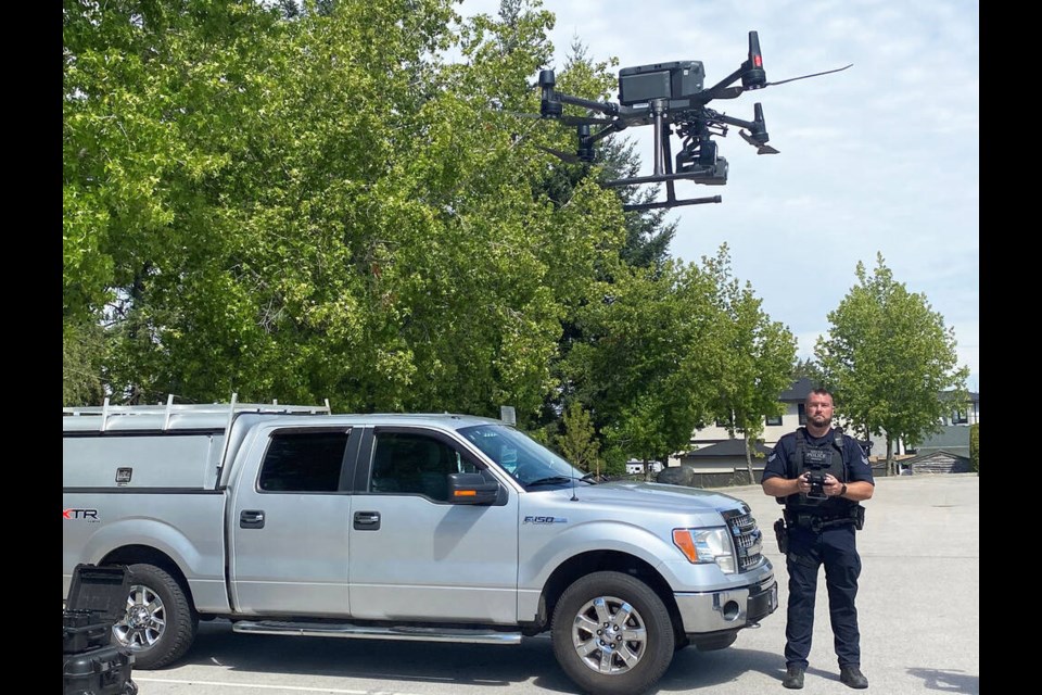 Delta Police Sgt. Jim Ingram says the department’s new drone batteries can fly the unit about 55 minutes at a time, depending on the weight of its payload and wind conditions. Sandor Gyarmati photo 