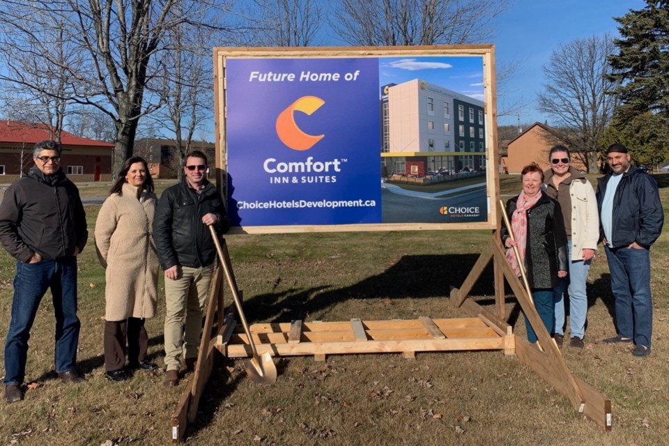 Gurjot Gill, Katie Scott, Dan Tache´, Deputy Mayor Paula Summers, Karen Bittner and Gaganpreet Maan were all part of the sod turning Monday for the new hotel planned for Blind River.