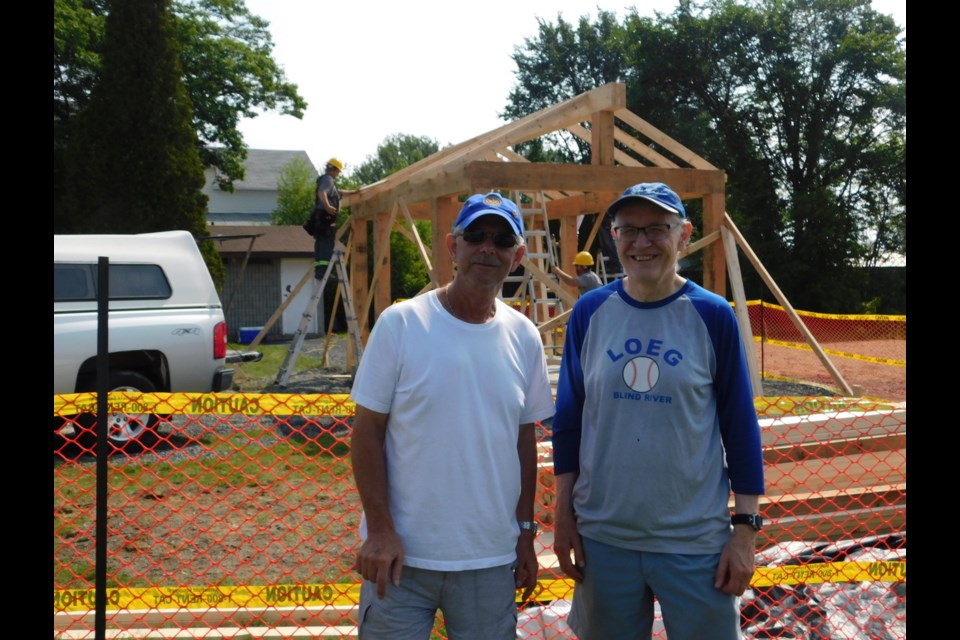 Ross Jensen, left, and Mark Whitmore were on hand at the construction of the Bea Jensen Memorial Gazebo with volunteer work crews erecting the main structure.
