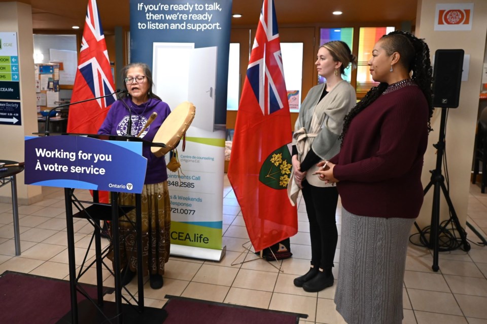 Elder Bev Daybutch of Mississauga First Nation delivers welcome song. Jan 18, 2024