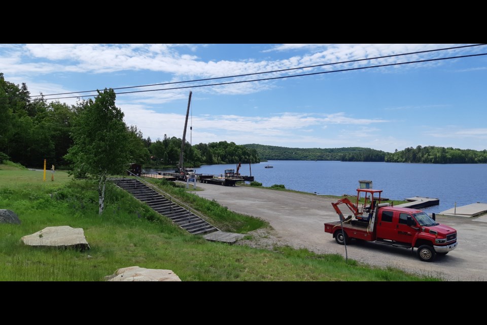 Elliot Lake's new fishing pier is being installed adjacent to the municipal boat launch on Highway 108. Brent Sleightholm for ElliotLakeToday