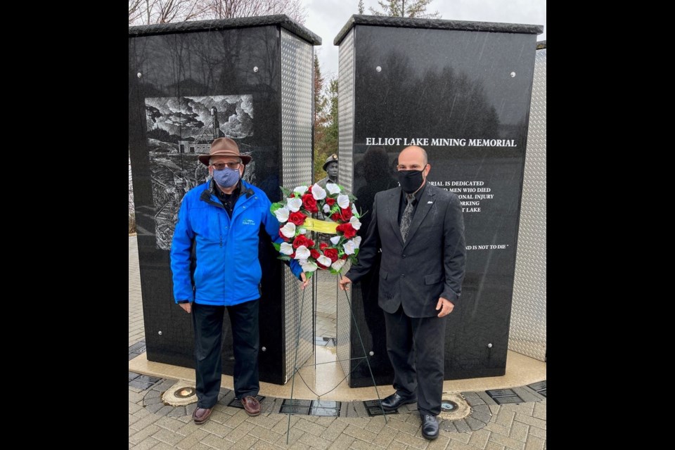 Mayor Dan Marchisella and Councilor Ed Pearce placed a wreath at the Miners’ Memorial to mark National Day of Mourning
